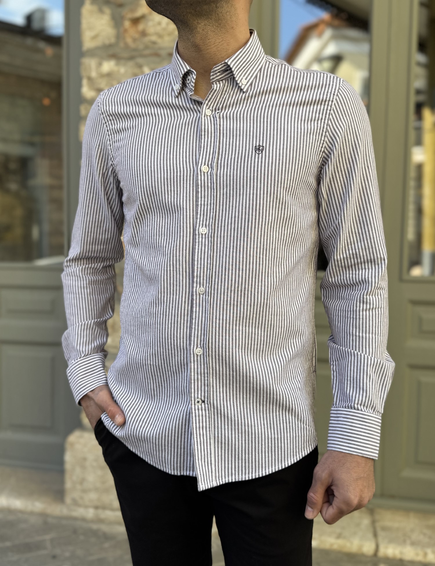 Ανδρικό μπορντό ριγέ βαμβακερό πουκάμισο 2224